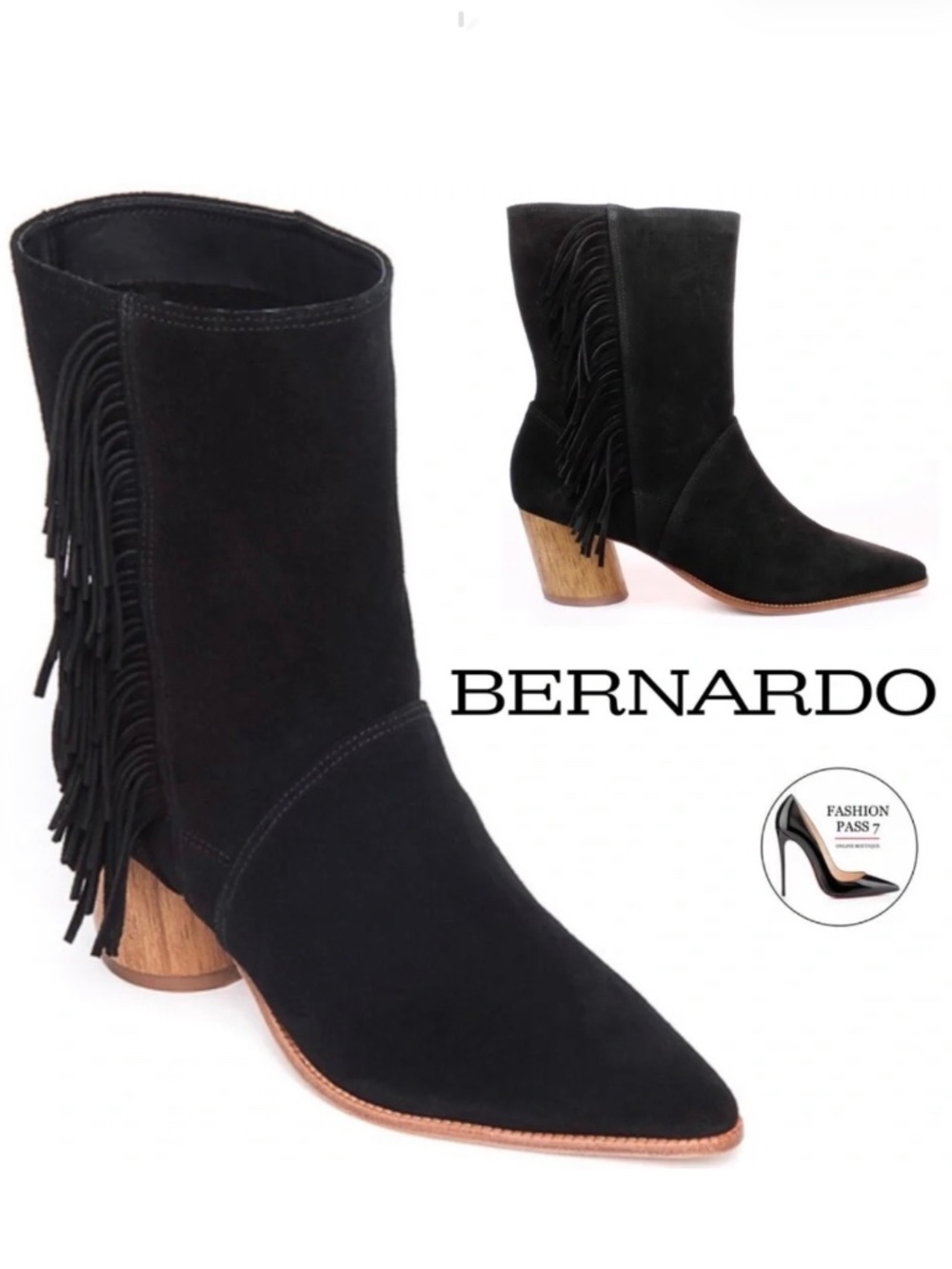Bernardo Felix Mid-Calf Black Suede Fringe Western Boots Block Heel Boho Boots